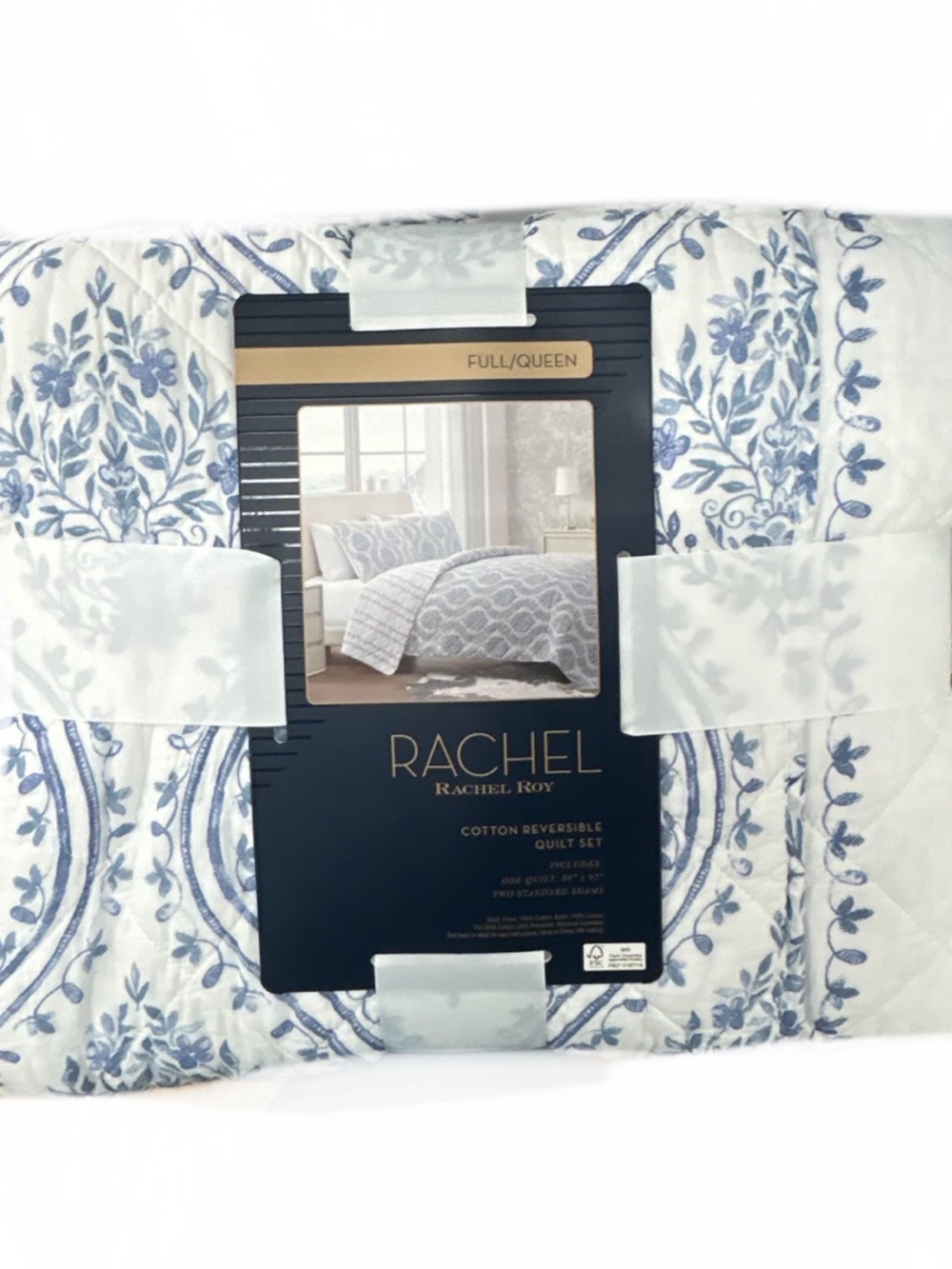 Rachel Roy Blue and White Floral Reversible Full/Queen Cotton Quilt Set 88”x92”